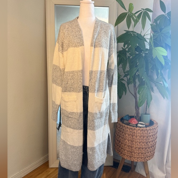 No Boundaries Sweaters - No Boundaries Gray and Cream Striped Cardigan